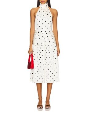 Carmina Halter Midi Dress in White & Black Dot